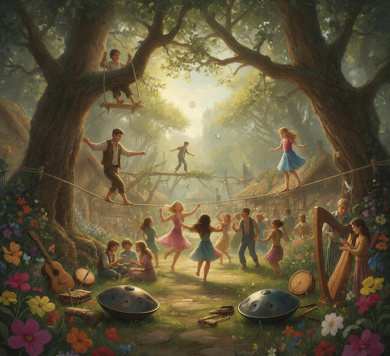 A joyful gathering in the community: people dancing among ancient trees, with slacklines, wooden swings, handpans and harps scattered amid edible flowers