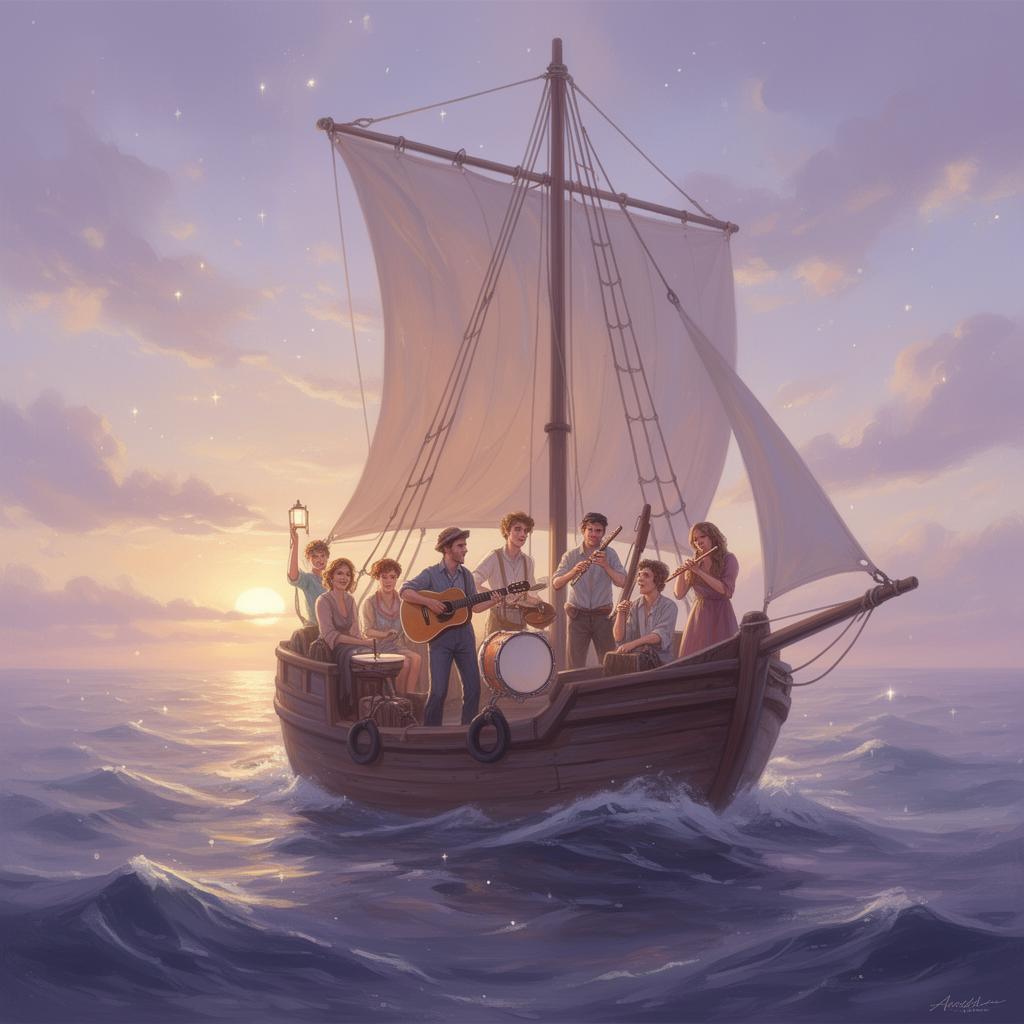 A small sailing ship at golden hour with a band of friends playing music on deck