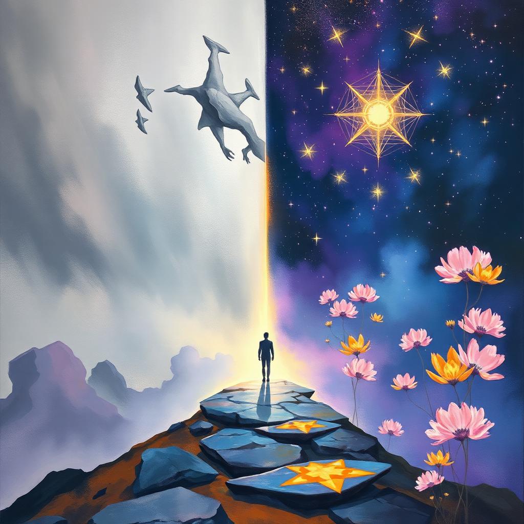 A figure standing between two worlds at a luminous threshold