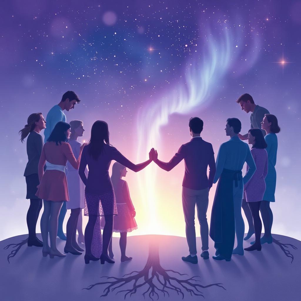 A circle of people connected under a starry sky