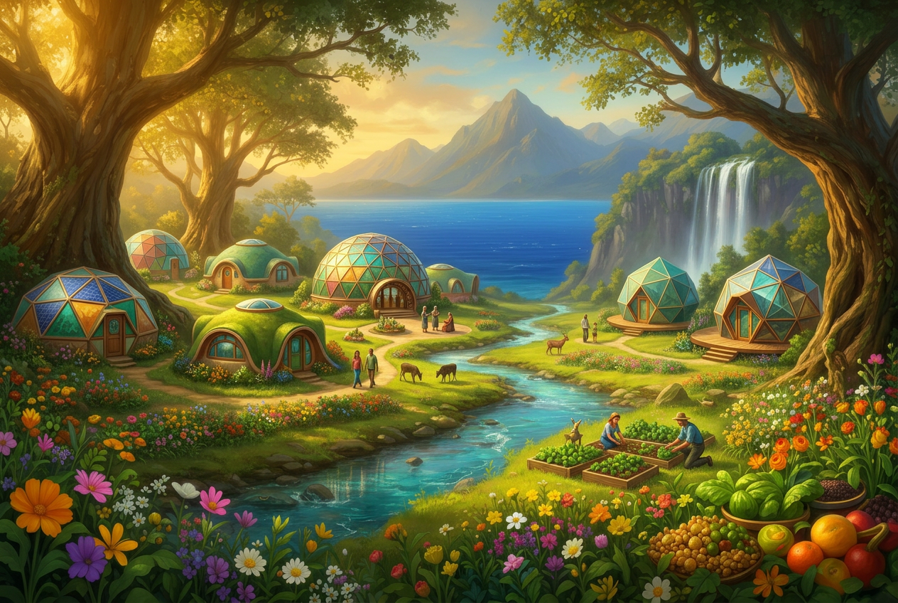 A lush green utopian community of colorful sacred houses nestled by a river, with mountains, waterfall and sea in the distance
